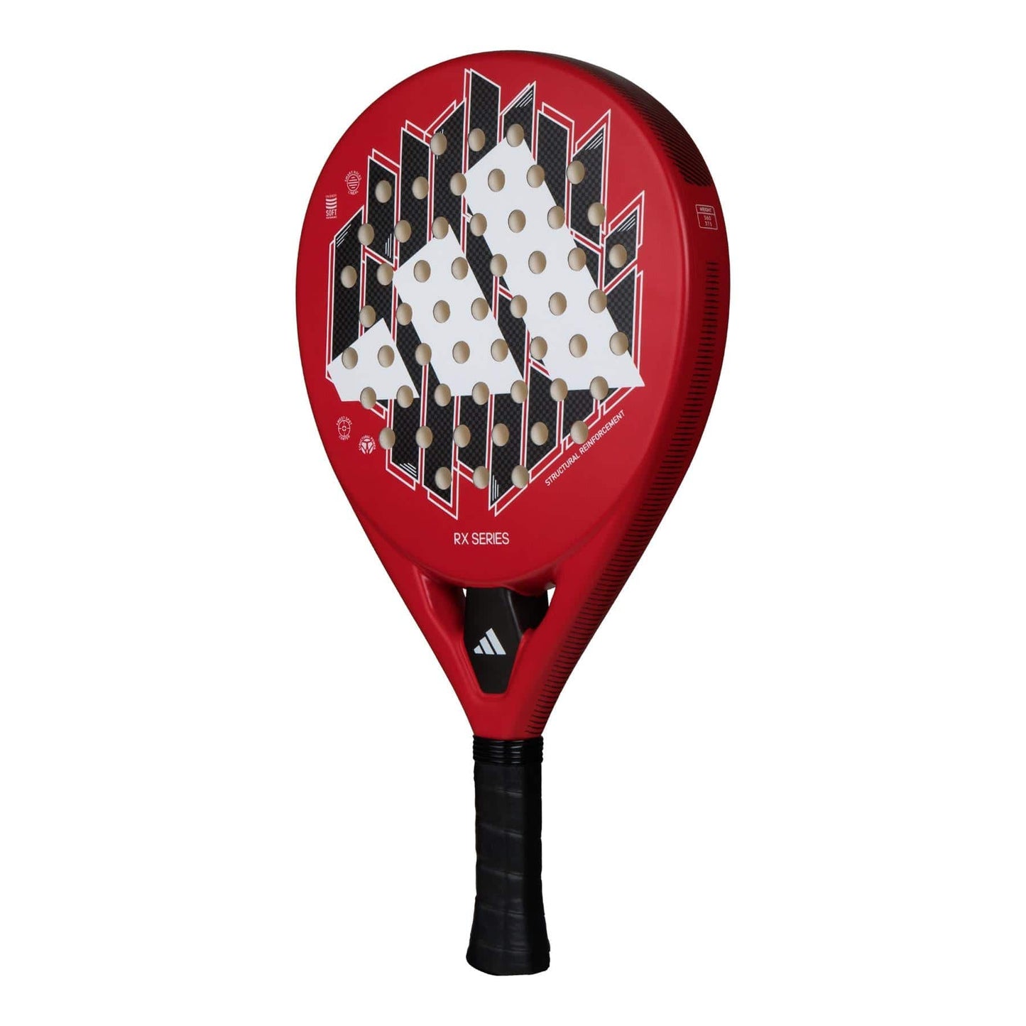 The ADIDAS RX Series Padel Racket - Red by adidas showcases a stylish red design adorned with a geometric pattern of white and black triangles and small circular openings on the face. Its fiberglass construction guarantees durability, while the handle features a textured grip for enhanced comfort. The racket integrates soft performance EVA rubber to elevate your gameplay.