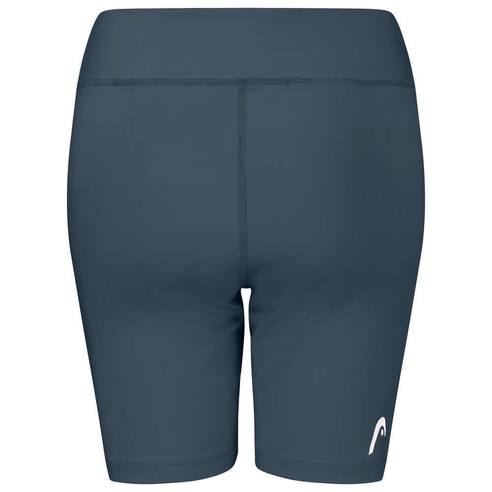 Back view of a pair of navy athletic shorts from the HEAD Vision Women's Short Tights collection, featuring a logo on the right leg. These comfortable performance shorts boast a high waistband and flatlock stitching, enhanced by Moisture Transfer Microfiber technology for optimal comfort.
