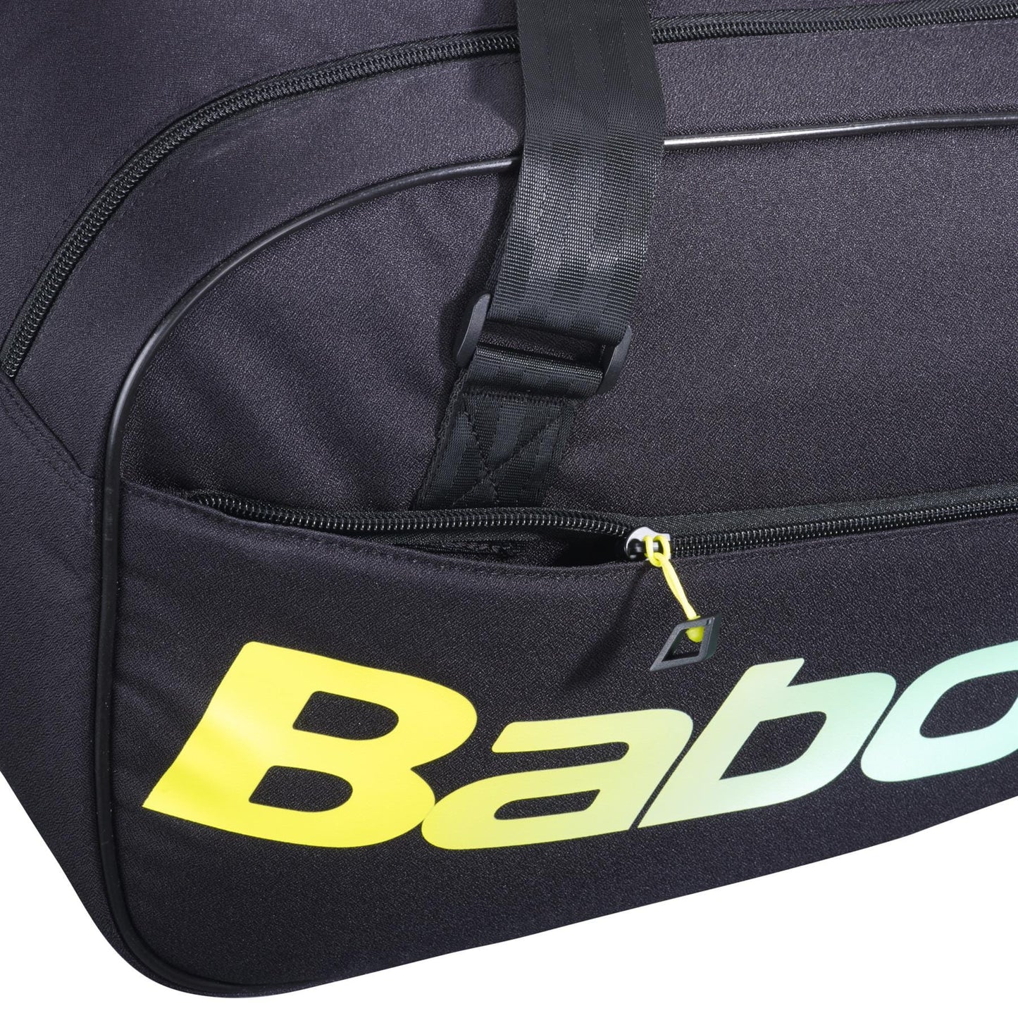 Close-up of the Babolat Court S Padel Racket Bag - Black / Multi, featuring a yellow-green gradient "Babo" logo, zippered pocket, black strap, and recycled polyester—perfect from Babolat as a stylish padel equipment bag.