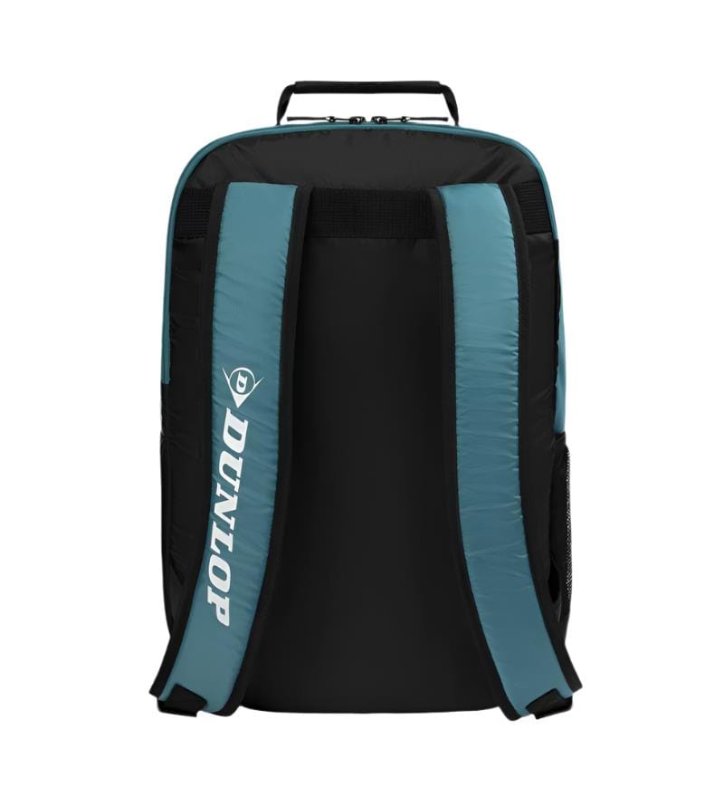The Dunlop SX Club Badminton Backpack combines teal, black, and yellow hues. Branded with "Dunlop" on the strap, it features adjustable padded backpack straps, a side pocket, and a carrying handle. Its sleek rectangular design is perfect for your badminton kit.