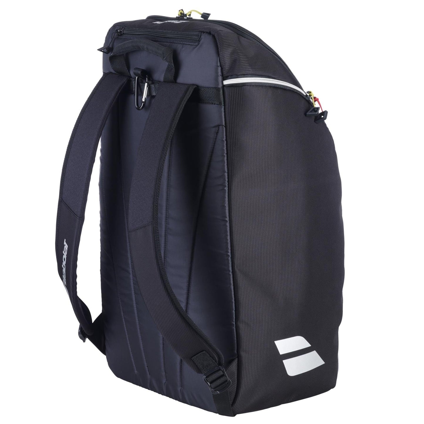 The Babolat RH Perf Padel 2nd Gen Backpack in black/silver features padded shoulder straps, a top zipper, and a small white logo on the lower side. Pictured from a rear angle on a white background.