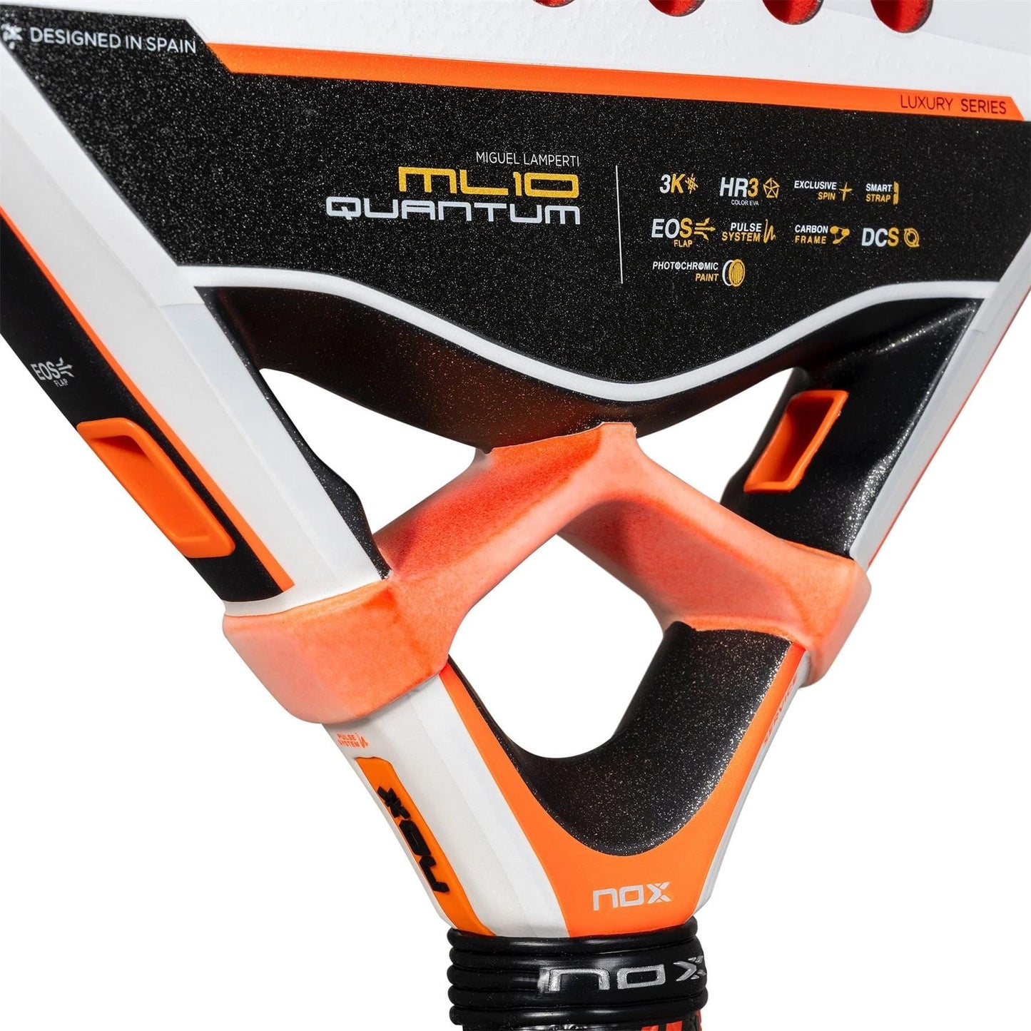Close-up of the throat area of the NOX ML10 Luxury Quantum 3K By Miguel Lamperti 2025 Padel Racket, showing black, white, and orange colors with visible specs, HR3 rubber details, and prominent NOX branding.