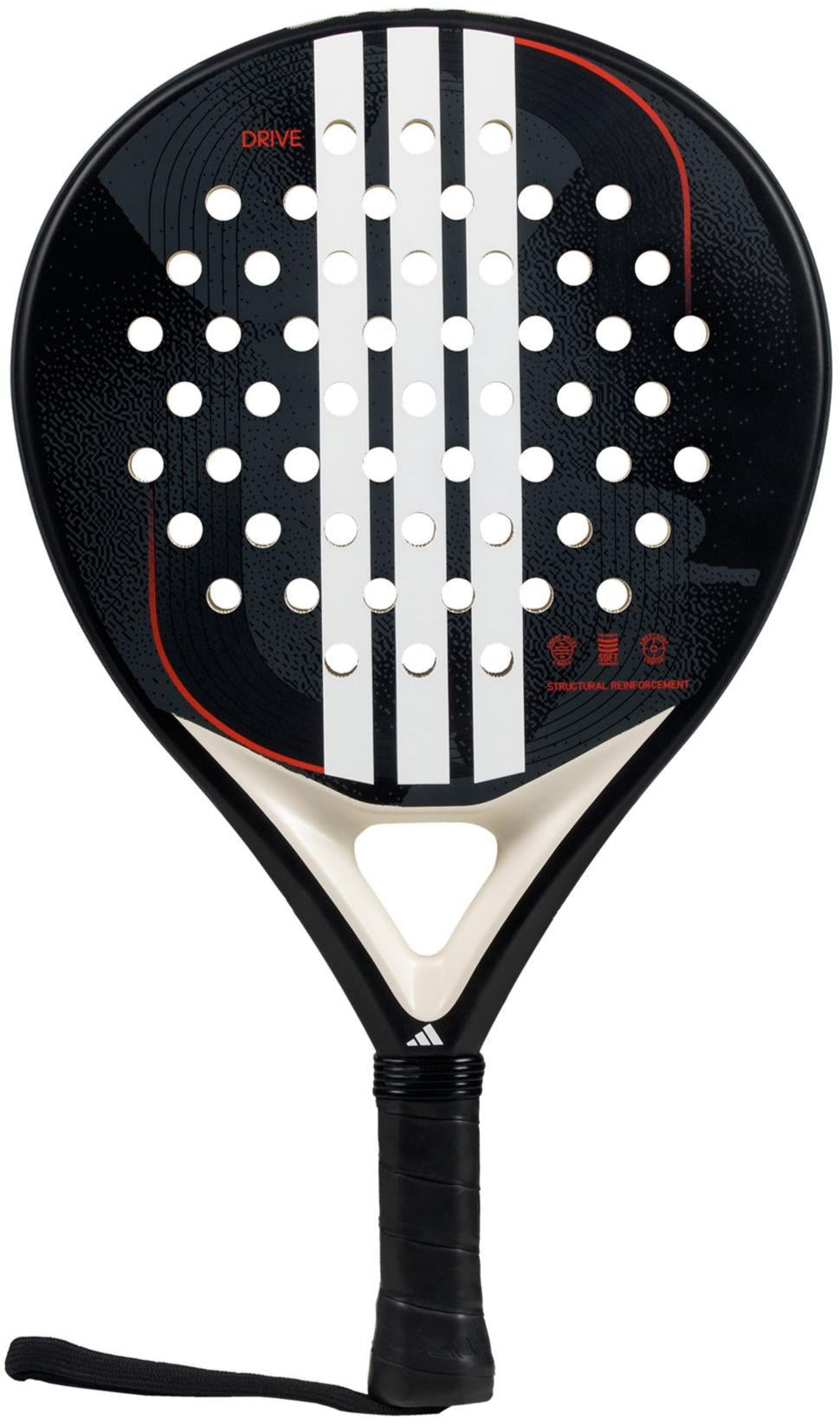 The ADIDAS Drive Black 3.4 Padel Racket by adidas features a black design with a round head, white stripes, and circular holes. Made from fiberglass, it includes black grip tape and a wrist strap for beginner-friendly control.