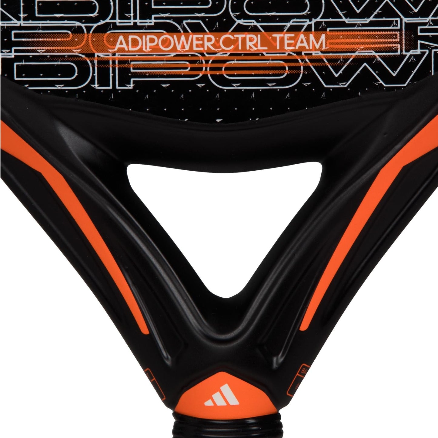 Close-up of the ADIDAS Adipower CTRL Team 3.3 Padel Racket in black and orange, providing outstanding control for intermediate players, highlighted by a triangle-shaped opening and geometric design on its surface.