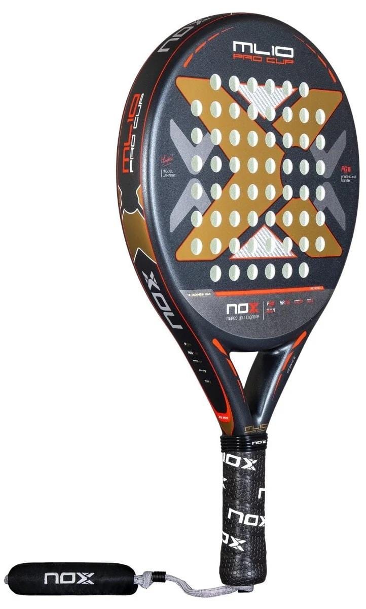 The NOX ML10 Pro Cup Rough Surface By Miguel Lamperti 2025 padel racket features a black design with gold and silver details, circular holes, padded black grip with NOX logo, wrist strap, and a Smartstrap System for safety.