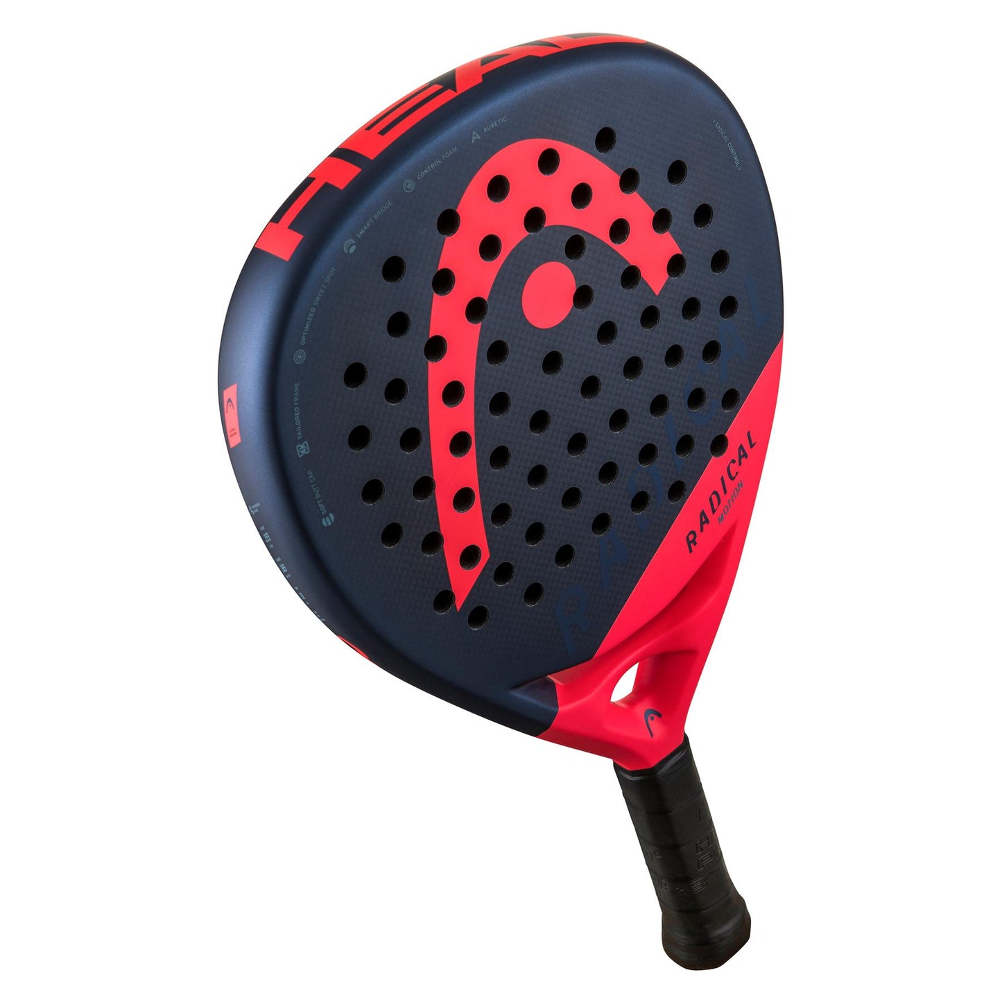 The navy HEAD Radical Motion 2024 Padel Racket features a perforated design and grip handle. With "Radical" etched on the side, it seamlessly integrates Auxetic technology for enhanced play.