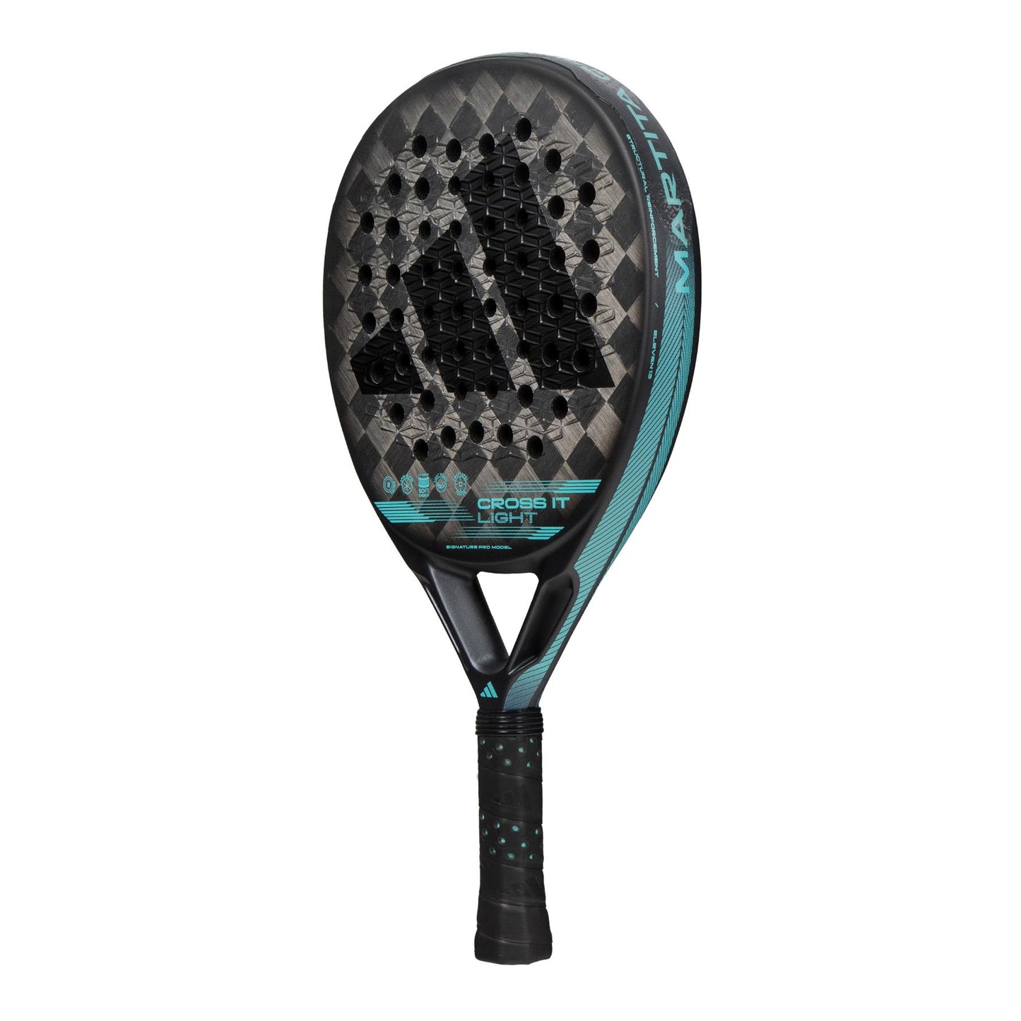 The ADIDAS Cross It Light Padel Racket from adidas showcases a sleek black and turquoise design with a carbon fiber texture. It features three black diagonal stripes, along with the "Cross Fit Light" branding on the face. Enhanced by a Carbon Aluminized 24K finish, this racket offers lightweight control and precision.