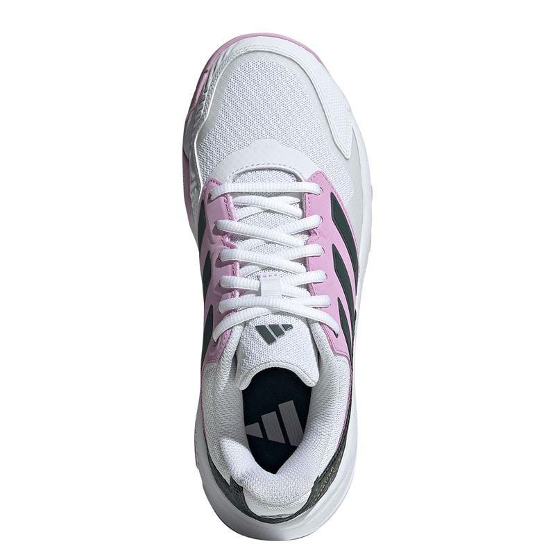 Here is a revised version of the sentence using the given product data:
The ADIDAS CourtJam Control 3 women's all court shoes showcase a top view featuring a bronze strata mesh upper with bliss lilac accents on the sides, combined with legend ink stripes in a lace-up design. These adidas sneakers offer a sporty aesthetic, complete with a cushioned tongue bearing the logo, and are crafted from recycled materials for an eco-conscious style.
