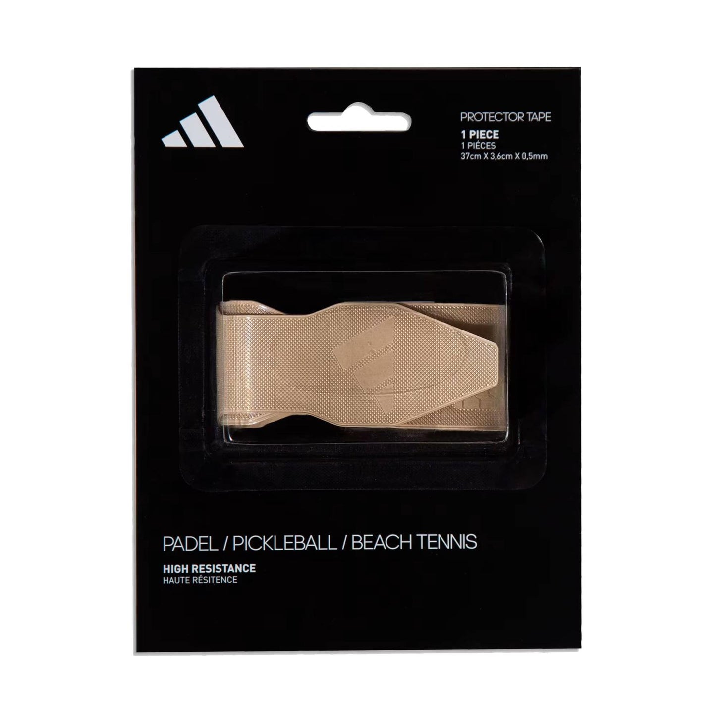 Introducing the ADIDAS Antishock Padel Racket Protector Tape in Transparent, featuring premium 3M adhesive. Ideal for padel, pickleball, and beach tennis. Comes in sleek black packaging with a triangular logo and bold white text to meet all your padel needs.
