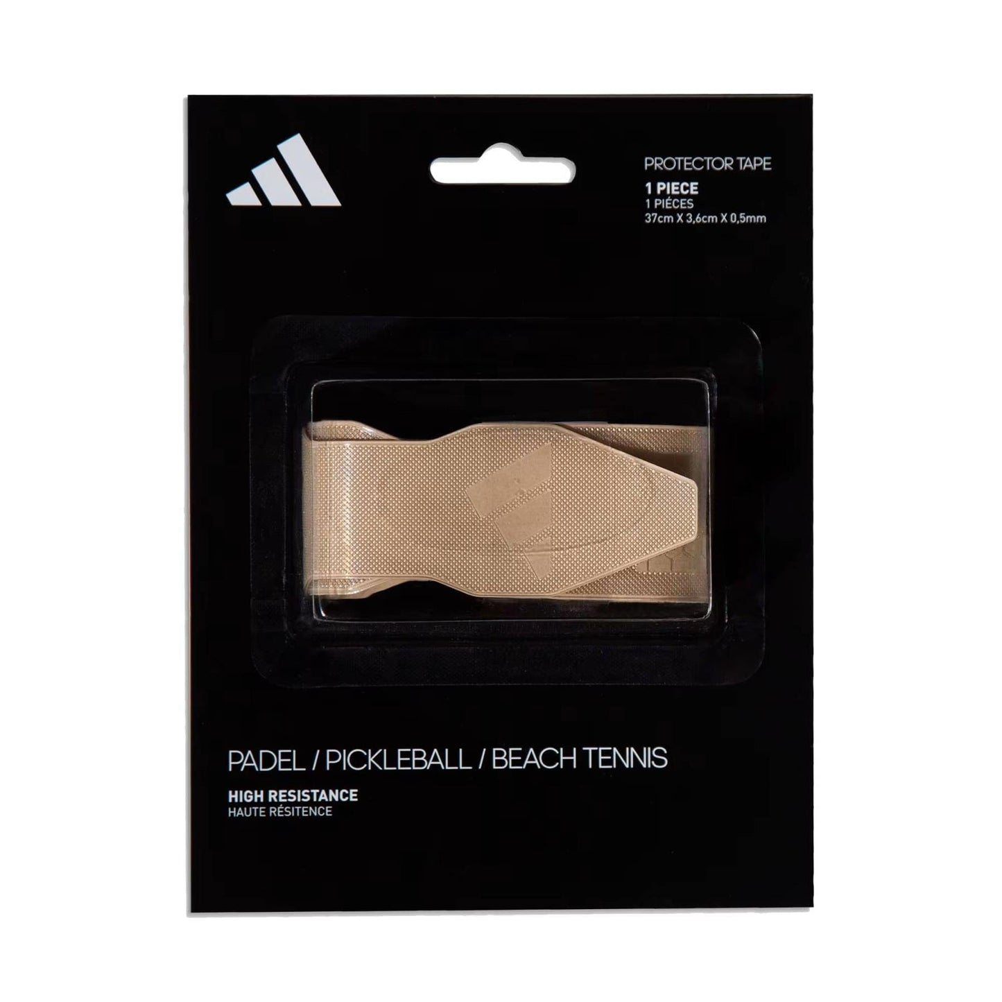 Introducing the ADIDAS Antishock Padel Racket Protector Tape in Transparent, featuring premium 3M adhesive. Ideal for padel, pickleball, and beach tennis. Comes in sleek black packaging with a triangular logo and bold white text to meet all your padel needs.