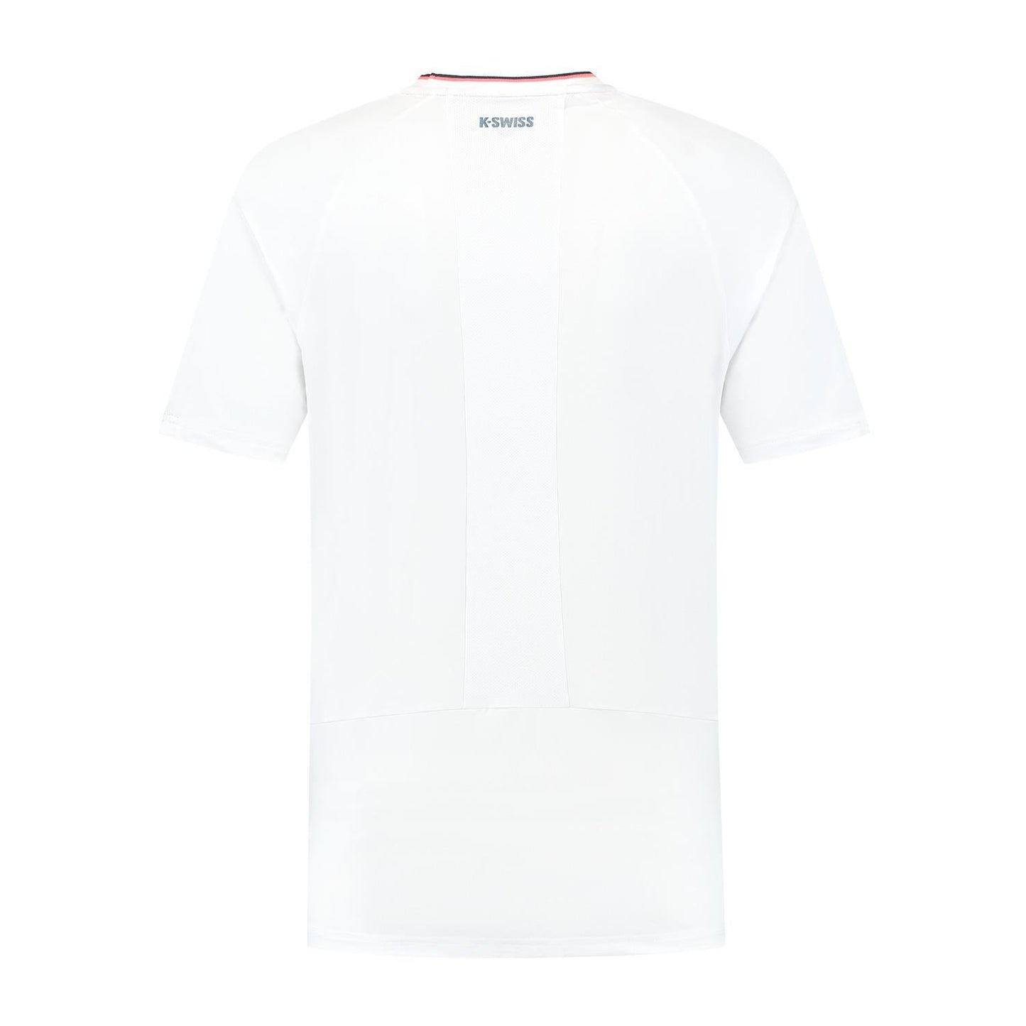 The back of the K-Swiss Hypercourt Mesh Crew 4 Men's Padel T-Shirt in white features a small "K-SWISS" logo near the collar, combining simplicity with a sporty essence.