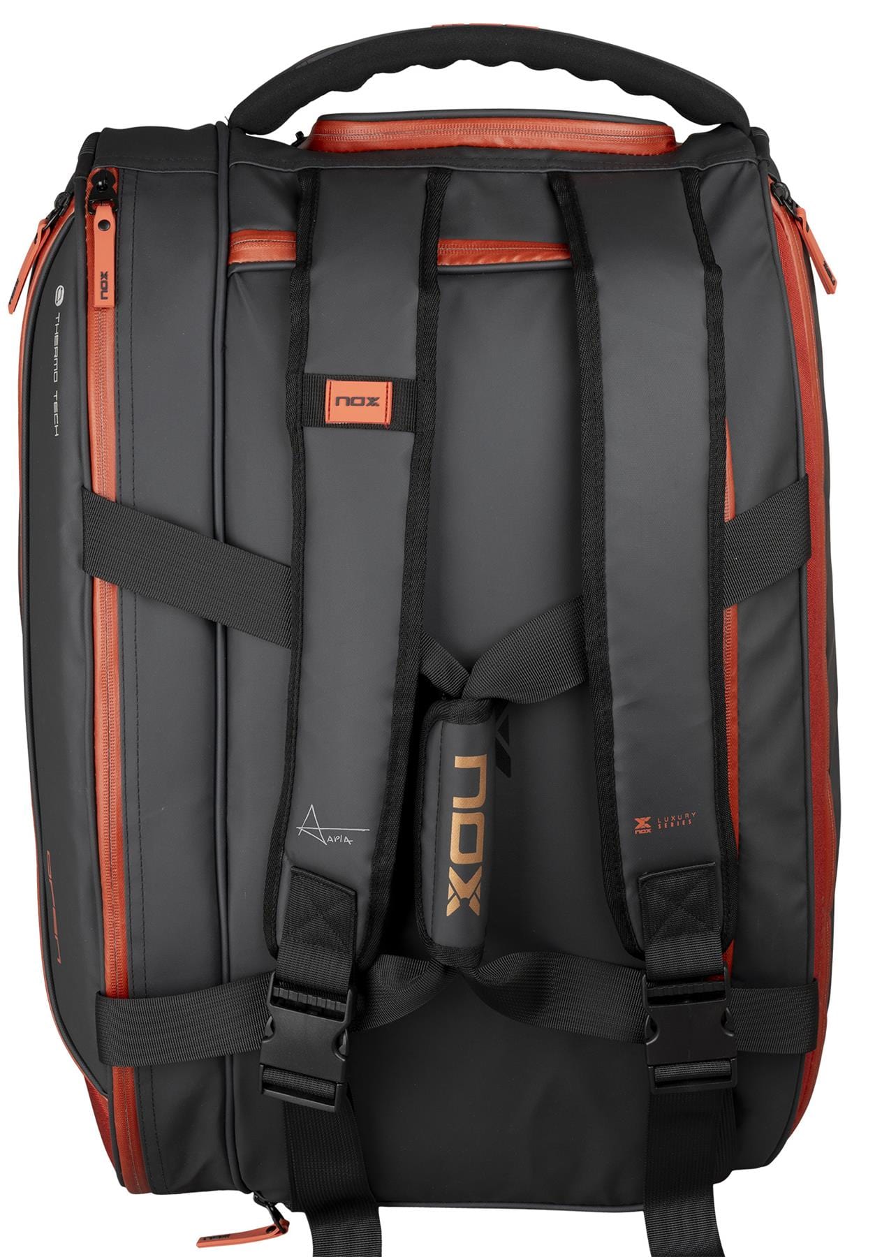 The NOX Luxury Open Series Padel Racket Bag in black and red features multiple straps, padded shoulder sections, zippered compartments, visible NOX branding, and advanced NOX ThermoTech technology for style and functionality.