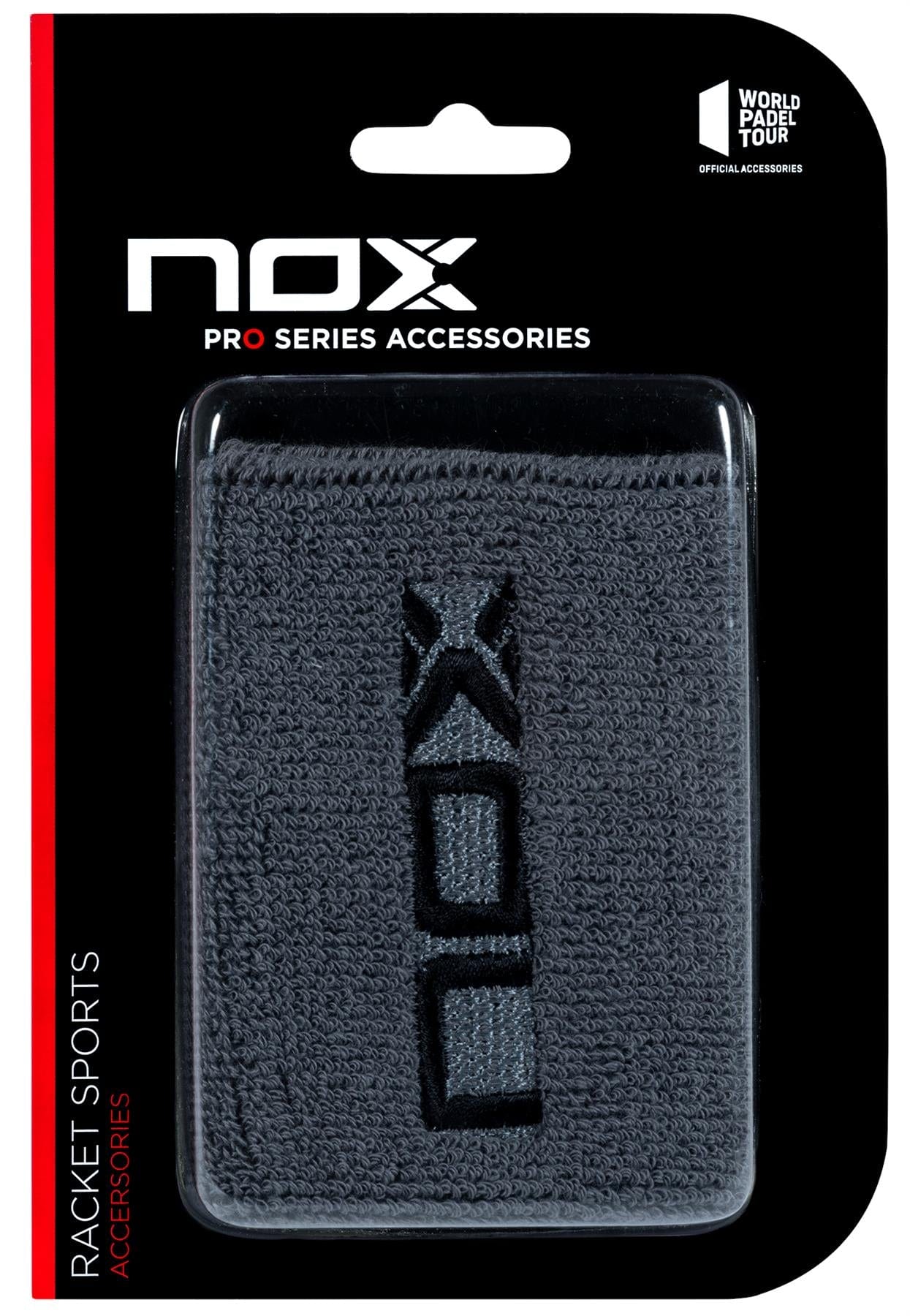 A black package contains the NOX Padel Wristband - Grey / Black, featuring the "NOX" logo in black and Balance Fresh technology for protection. Labeled as "NOX Pro Series Accessories" and "Racket Sports Accessories.