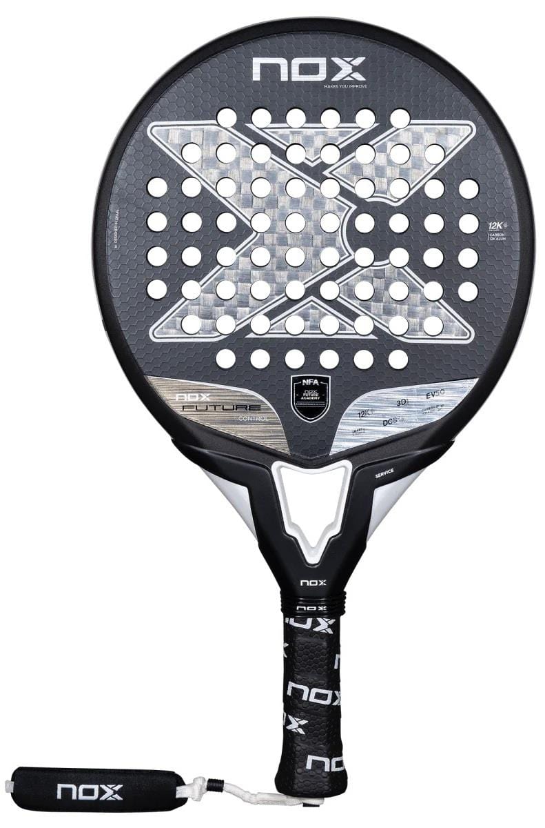 The NOX NFA Future Control 12K Alum Padel Racket in black and white features a circular Carbon Alum 12K head with X-patterned holes, plus a branded NOX grip and wrist strap for superior control.