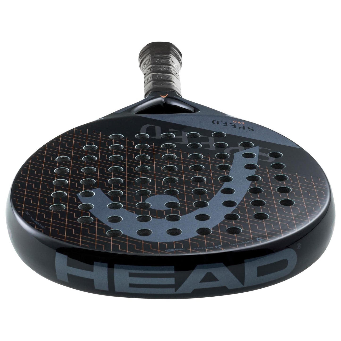 The HEAD Evo Speed 2023 Padel Racket in black showcases a patterned design with circular perforations and prominently displays the HEAD logo on the front. It features a textured handle for enhanced grip and incorporates Innegra technology, making it ideal for beginners. The image displays the racket from a front angle.