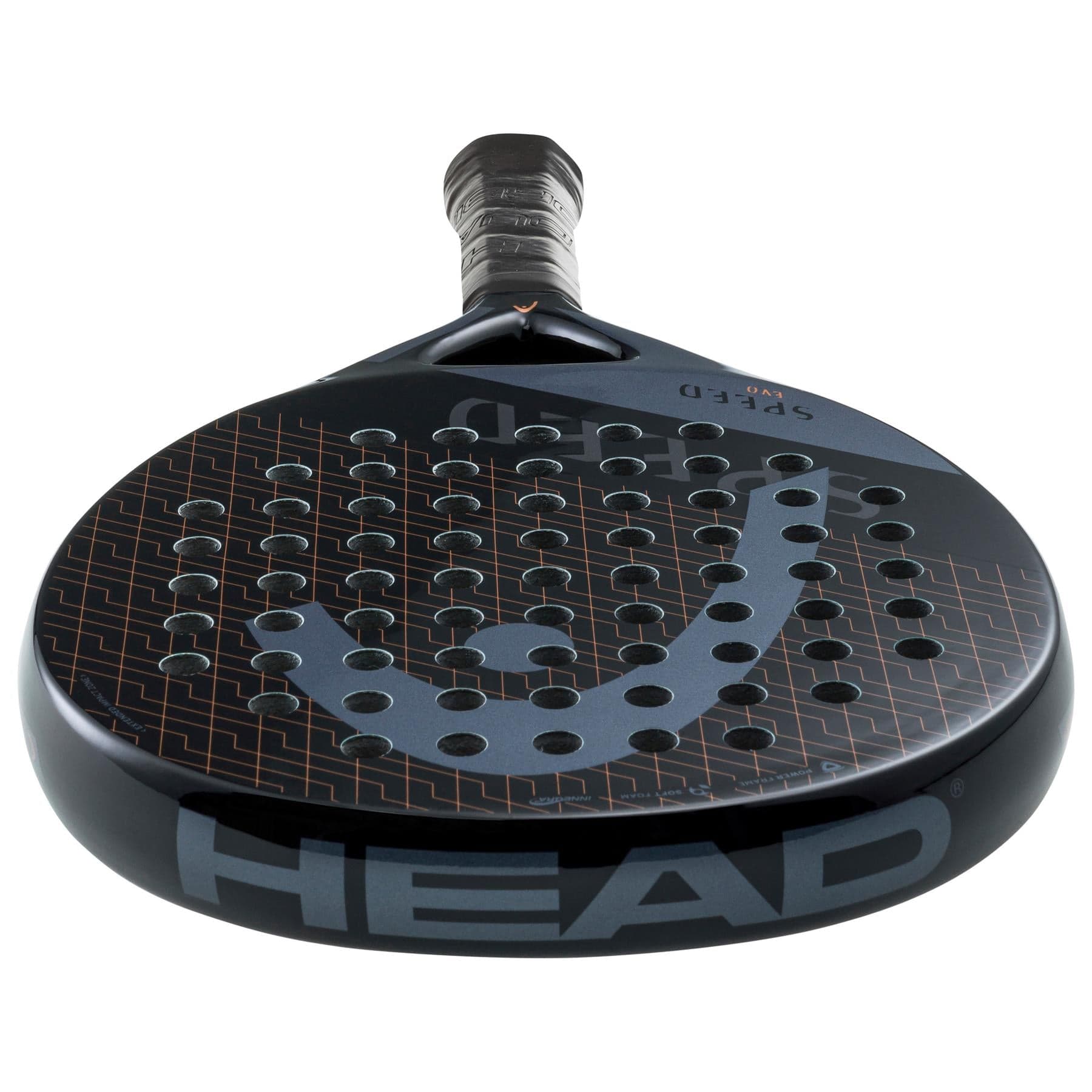 The HEAD Evo Speed 2023 Padel Racket in black showcases a patterned design with circular perforations and prominently displays the HEAD logo on the front. It features a textured handle for enhanced grip and incorporates Innegra technology, making it ideal for beginners. The image displays the racket from a front angle.