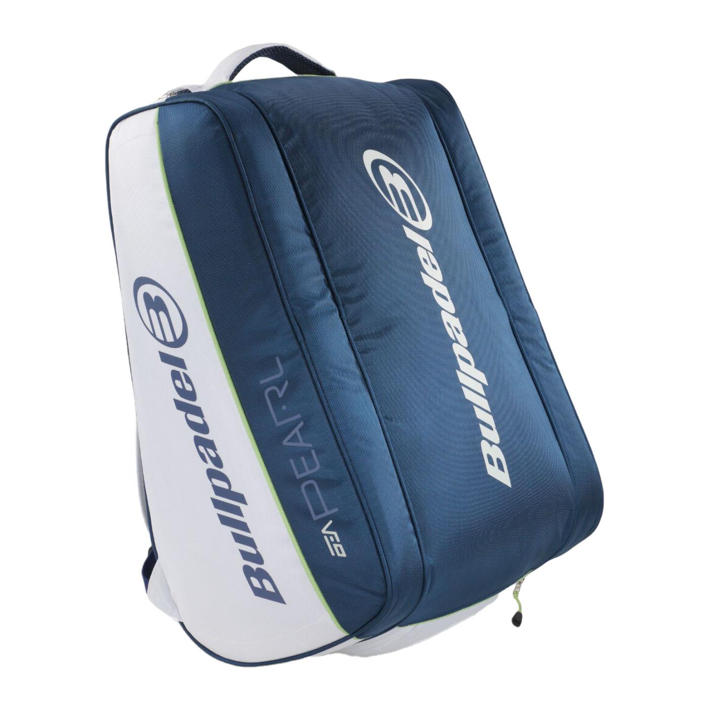 The Bullpadel Pearl 25 Padel Racket Bag features a sleek blue and white design with multiple zippers, compartments, the Bullpadel logo, and "PEARL," making it an ideal accessory for enthusiasts like Bea González.