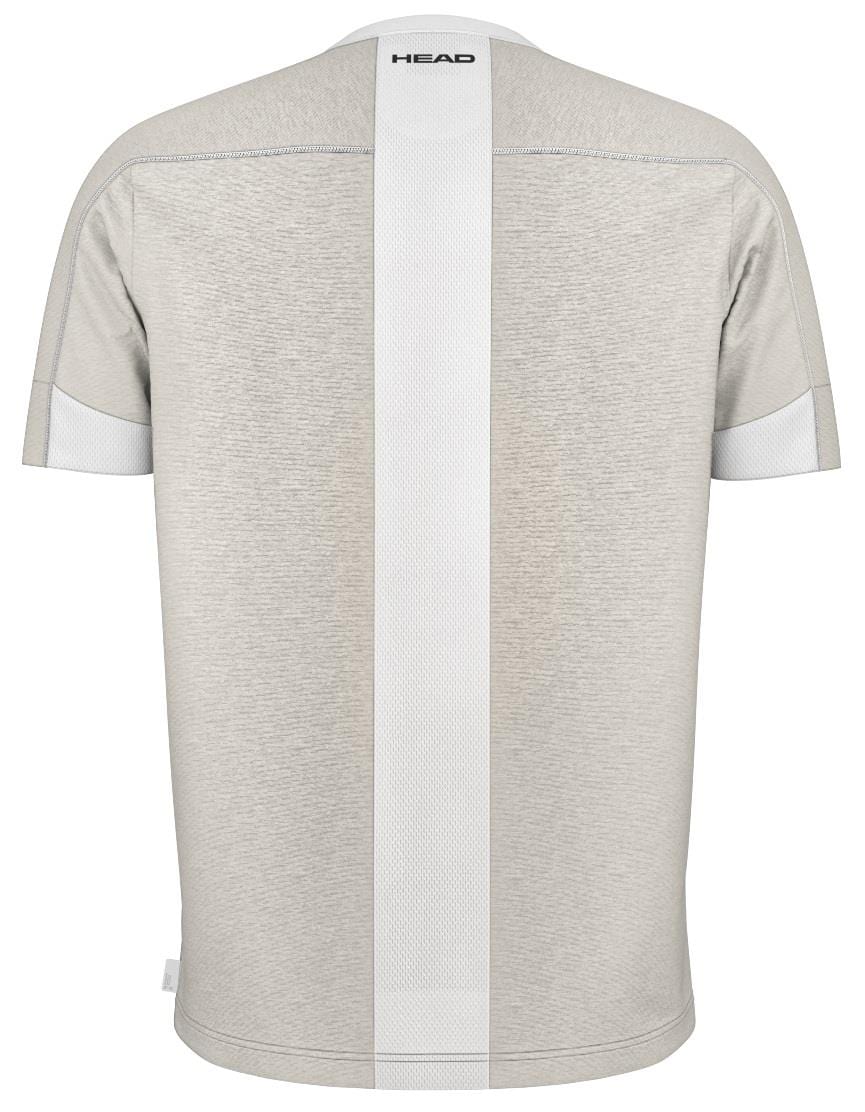 The HEAD Play Tech Mens Padel T-Shirt in white and grey features a back view with short sleeves, a white vertical center stripe, and breathable mesh inserts. The brand "HEAD" is printed near the top neckline.