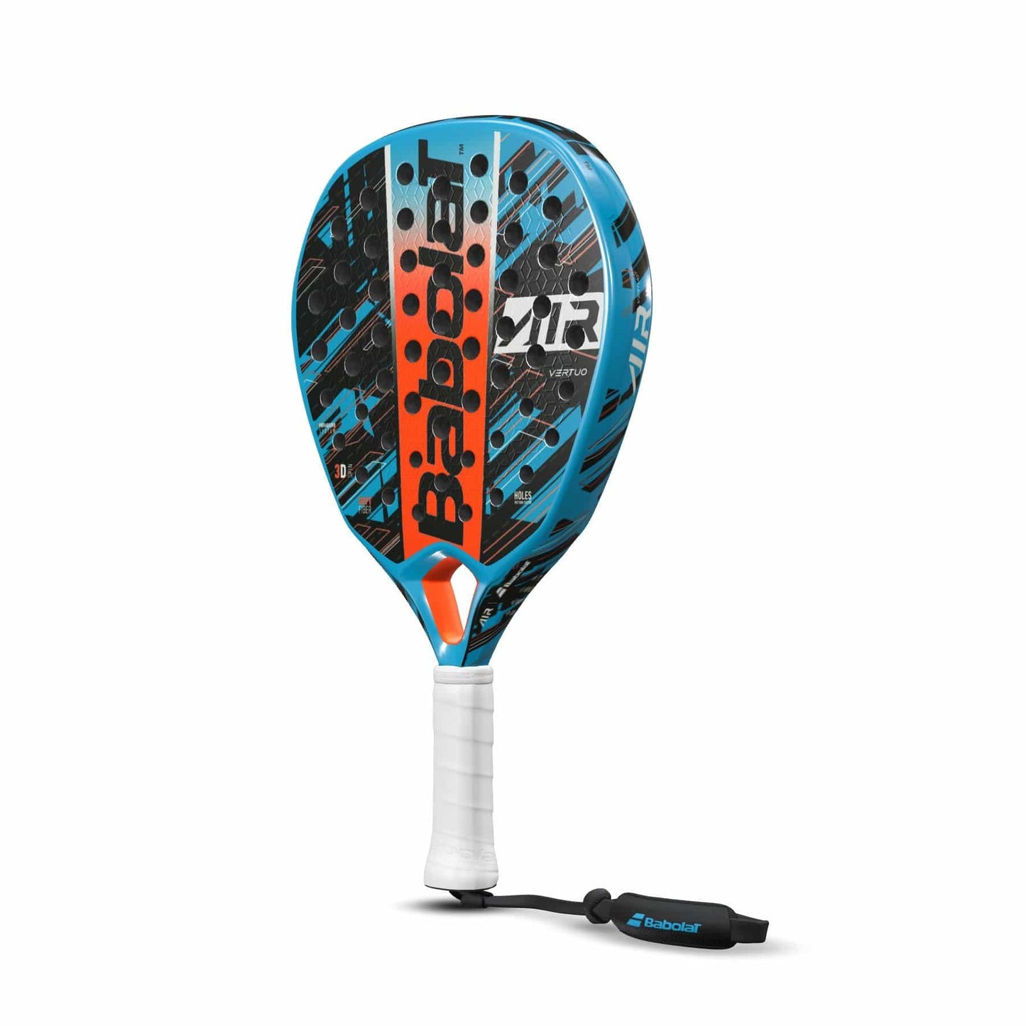 The Babolat Air Vertuo Padel Racket - Blue / Black by Babolat features a stylish design in blue and black complemented with vibrant orange accents. It delivers effortless power along with superior vibration absorption. The racket handle is fitted with a white grip and an attached strap for enhanced control.