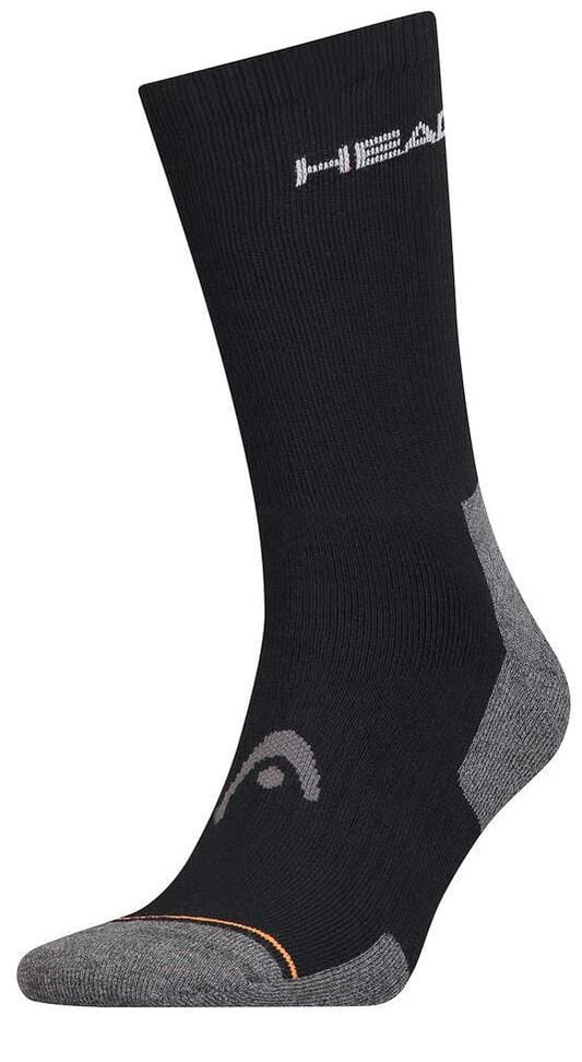 The HEAD Crew Athletes Padel Socks in black feature gray accents on the heel and toe, arch support for comfort, and prominently display the HEAD logo near the top and side.
