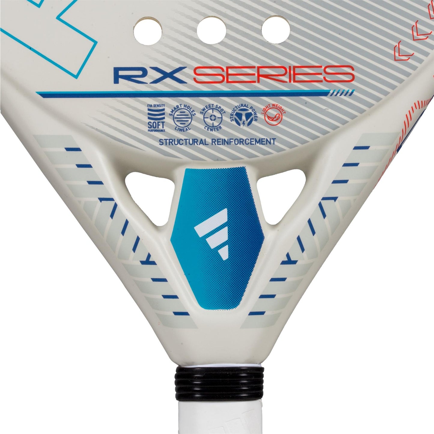 Close-up image of an adidas RX Series Light 3.4 Padel Racket in pink. This lightweight racket has grooves for structural reinforcement and soft performance, ideal for intermediate players. "Series" appears in red, with blue accents and a logo on the throat.