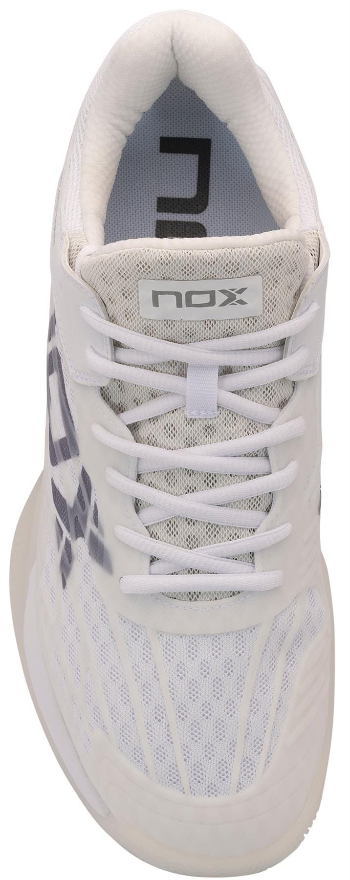 Top view of the NOX AT10 Lux Mens Padel Shoes in white/grey, featuring a mesh upper, white laces, gray geometric side design, and the NOX logo on the tongue. Inspired by Agustin Tapia for peak padel performance.