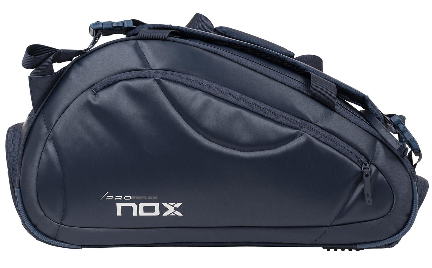 The NOX Pro Series Padel Racket Bag - Blue by NOX features a curved shape, multiple compartments, zippers, shoulder straps, and ThermoTech technology, shown against a white background.