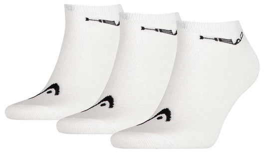 The HEAD Sneaker Padel Socks (3 Pack) in white/black are crafted from a soft cotton blend for ultimate comfort. They feature a small black HEAD logo near the top and chic black detailing near the toes, showcased side by side on a pristine white background.