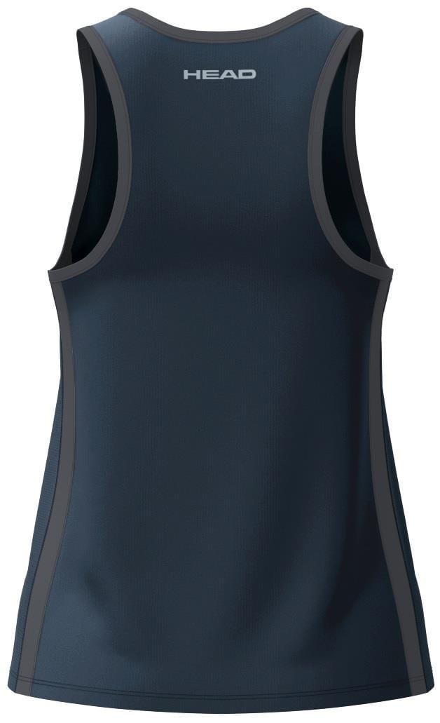 The HEAD Club 25 Tech Women's Padel Tank Top in navy is shown from the back, featuring dark gray trim and prominent branding near the neckline. Its Moisture Transfer Microfiber technology keeps you cool and comfortable.