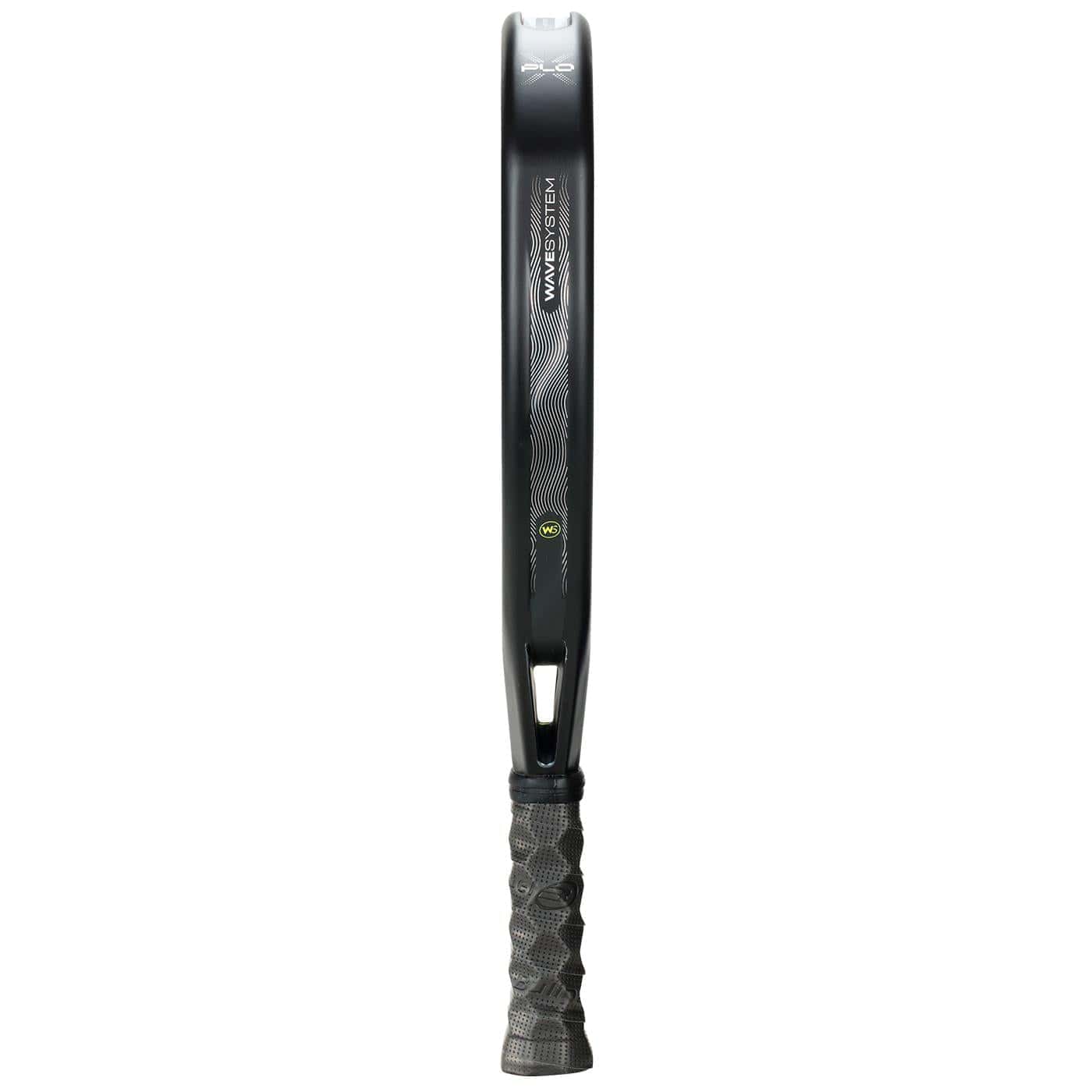 The Bullpadel XPLO 2026 Padel Racket in black is shown from the side, highlighting its slim frame and textured grip—a sleek, professional racket by Bullpadel designed for powerful performance.