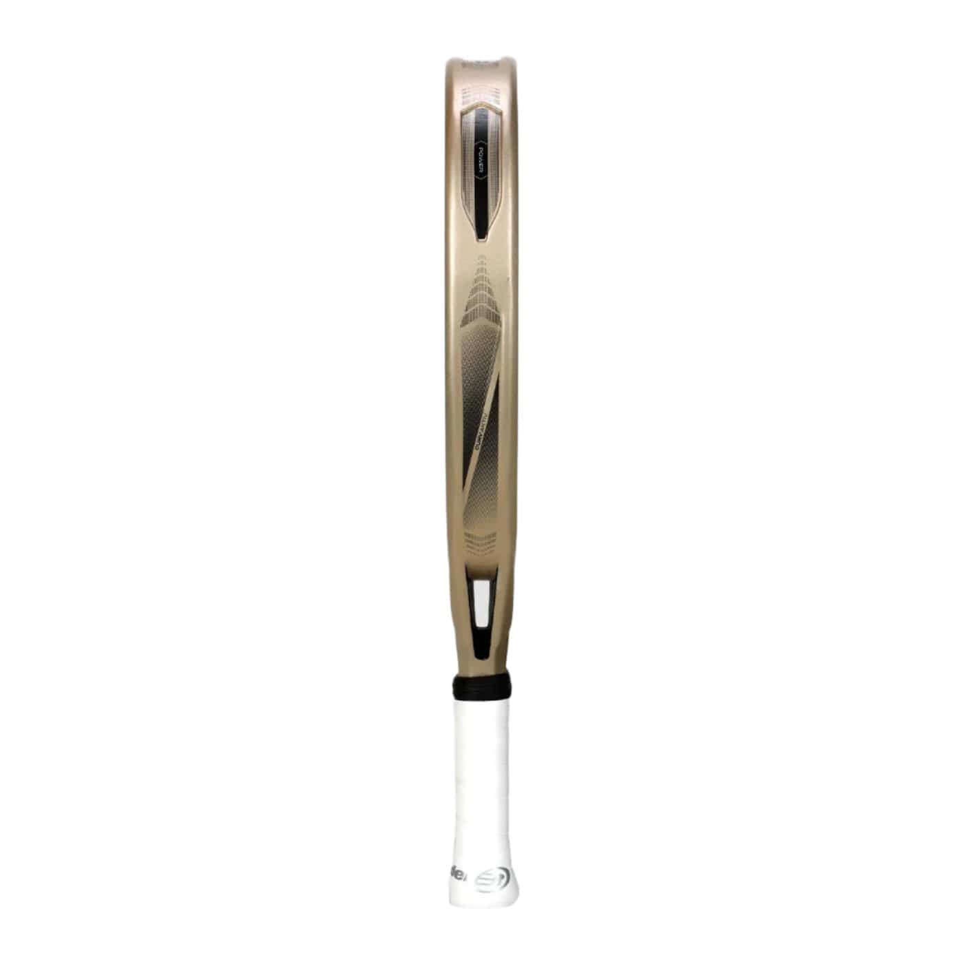 The Bullpadel Vertex 04 W 2025 Padel Racket, perfect for advanced players, features an elegant champagne design with black accents and a white grip. Presented on a simple white background, it offers both style and exceptional performance.