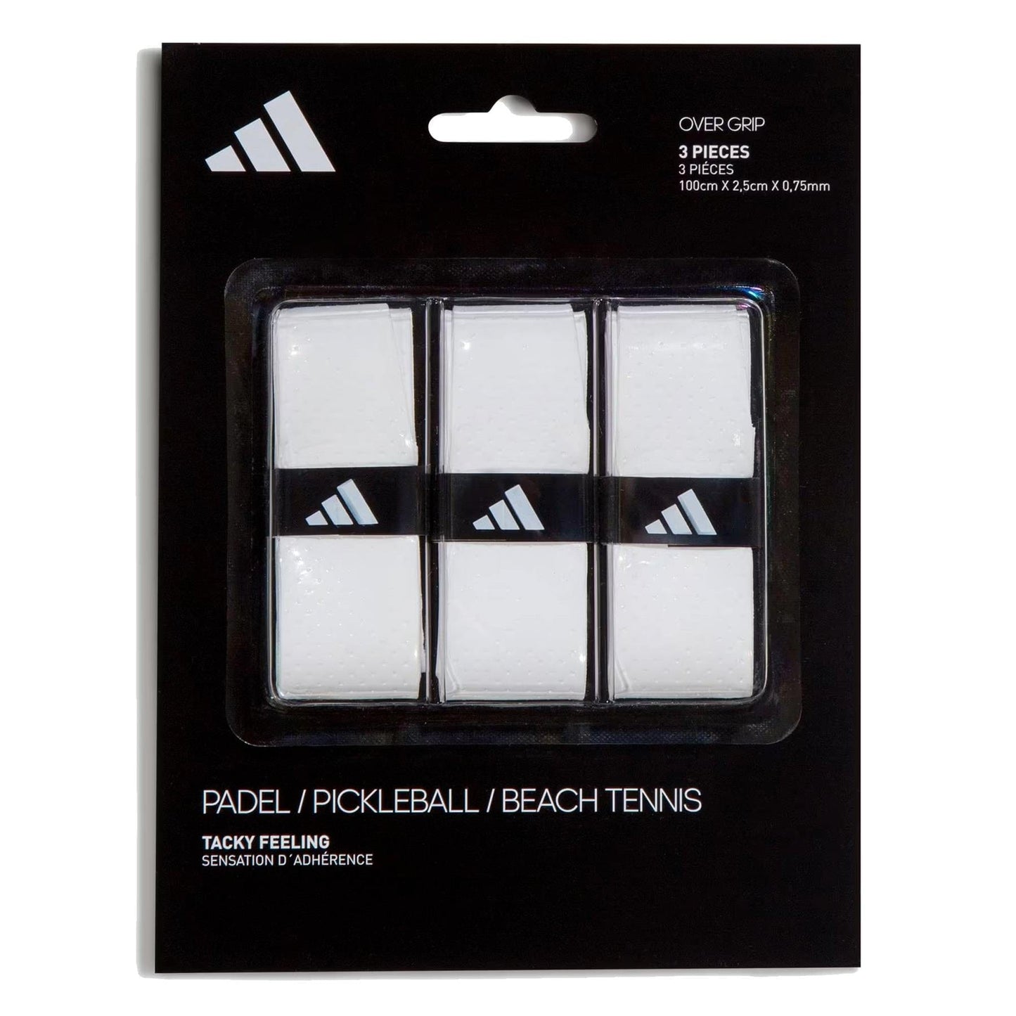The adidas Padel Overgrips (3 Pack) - White includes three white, tacky grips with triangular logos. Each grip (100cm x 2.5cm x 0.75mm) features micro-perforations for comfort and suits padel, pickleball, and beach tennis.