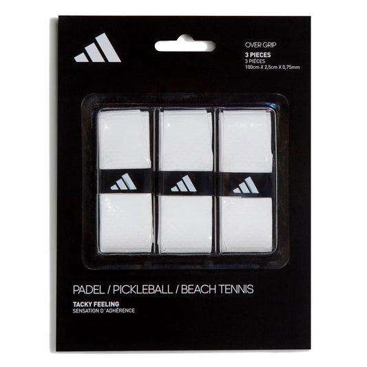 The adidas Padel Overgrips (3 Pack) - White includes three white, tacky grips with triangular logos. Each grip (100cm x 2.5cm x 0.75mm) features micro-perforations for comfort and suits padel, pickleball, and beach tennis.