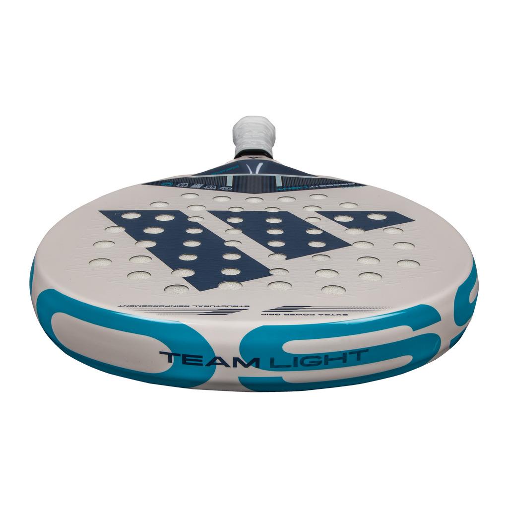 A close-up of the adidas ADIDAS Cross It Team Light 3.4 Padel Racket - White, showcasing its white and blue design with "TEAM LIGHT" on the side and perforated surface—perfect for advanced players who favor aggressive play.