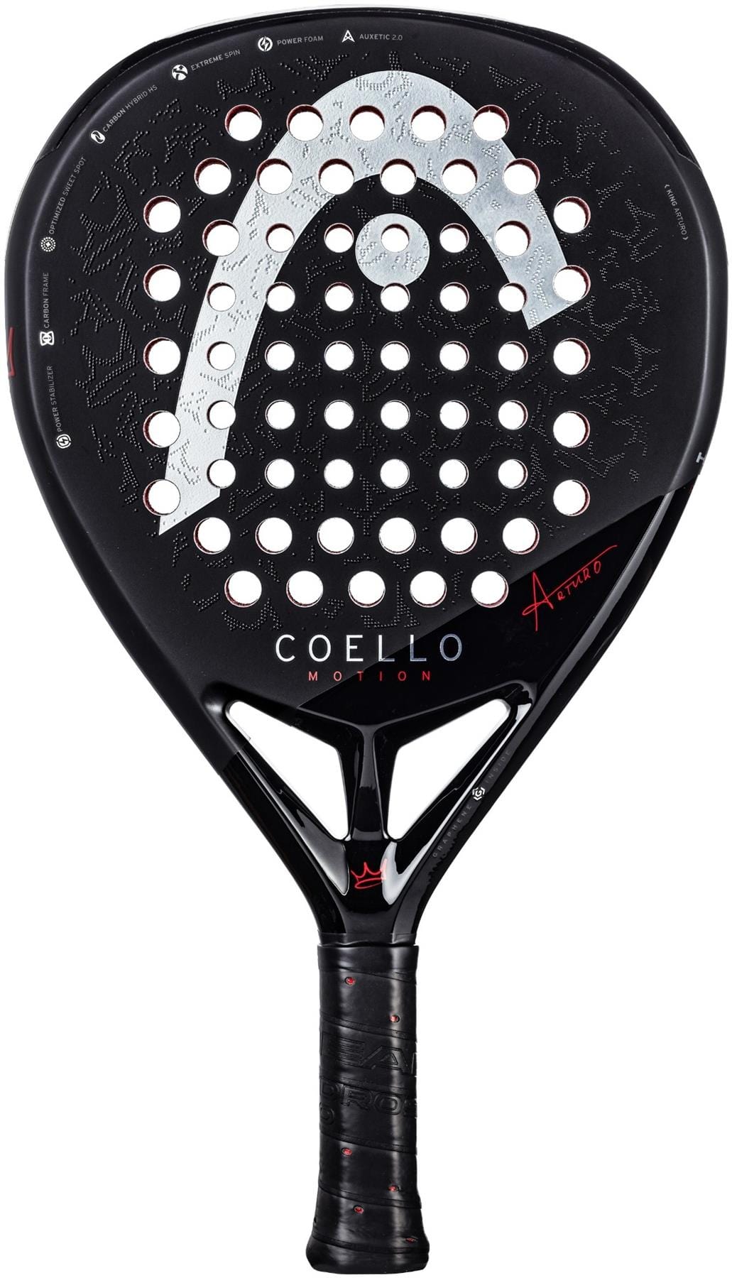 The HEAD Coello Motion 2025 Padel Racket - Black features a teardrop shape, circular holes, “Coello Motion” text, black grip tape, visible HEAD logo, and Extreme Spin technology for enhanced performance.