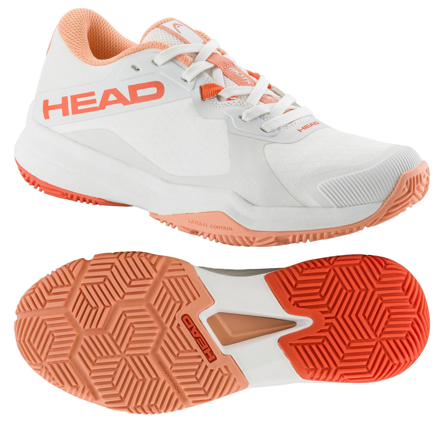 The HEAD Motion Team Women's Padel Shoes in white and coral boast the "HEAD" branding on the side, ensuring both stability and comfort. They feature a textured sole with a hexagonal coral pattern for improved grip and a sleek upper for a modern look.