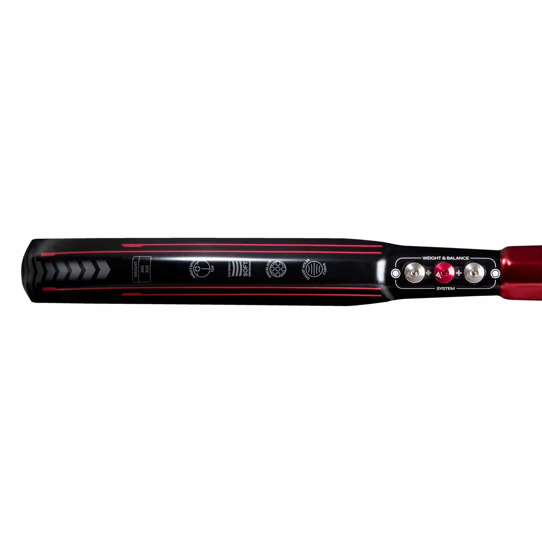 A close-up of the ADIDAS Metalbone 3.3 Padel Racket boasting a sleek black and red design, ideal for advanced players. It includes power adjustment knobs labeled for weight and balance, accompanied by symbols denoting technical specifications, all set against a white background.