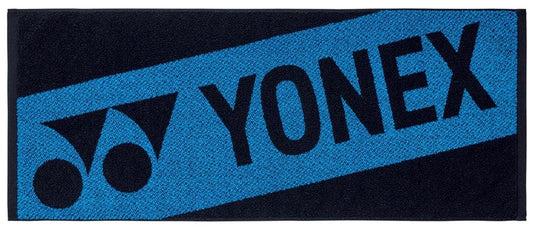 The Yonex AC1113EX Padel Sports Towel - Black is a rectangular 100% cotton towel with a blue diagonal stripe and bold Yonex branding—a stylish, functional choice for athletes.