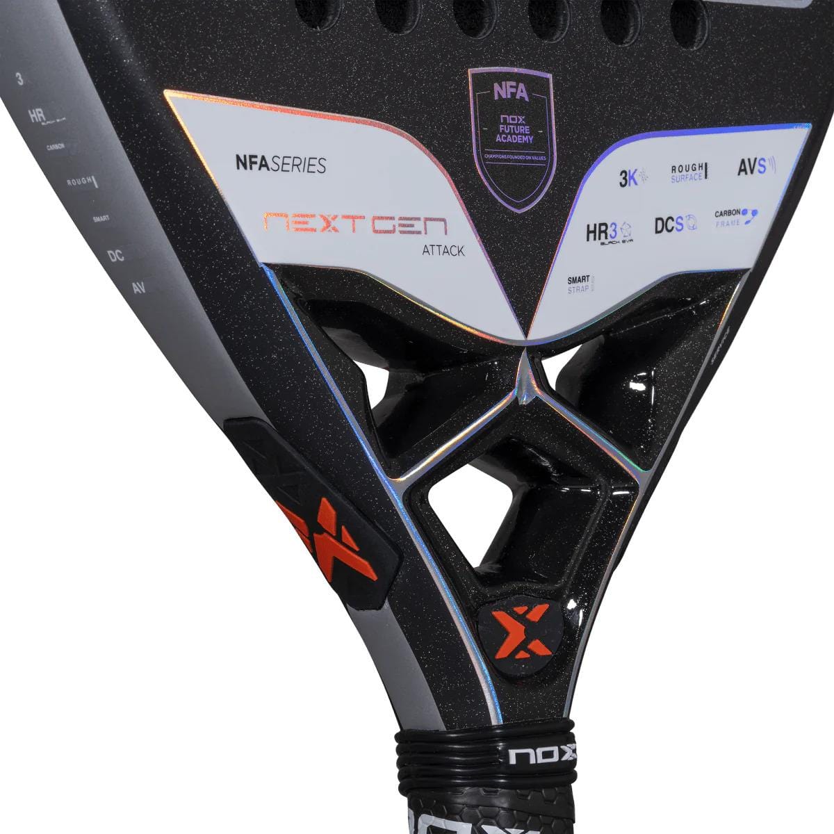 Close-up of the NOX NFA Nextgen Pro Attack 3K Padel Racket in black/silver shows the throat with geometric cutouts, branding, specs, colored accents, "NEXTGEN ATTACK" text, and logos—engineered by NOX for power and precision.