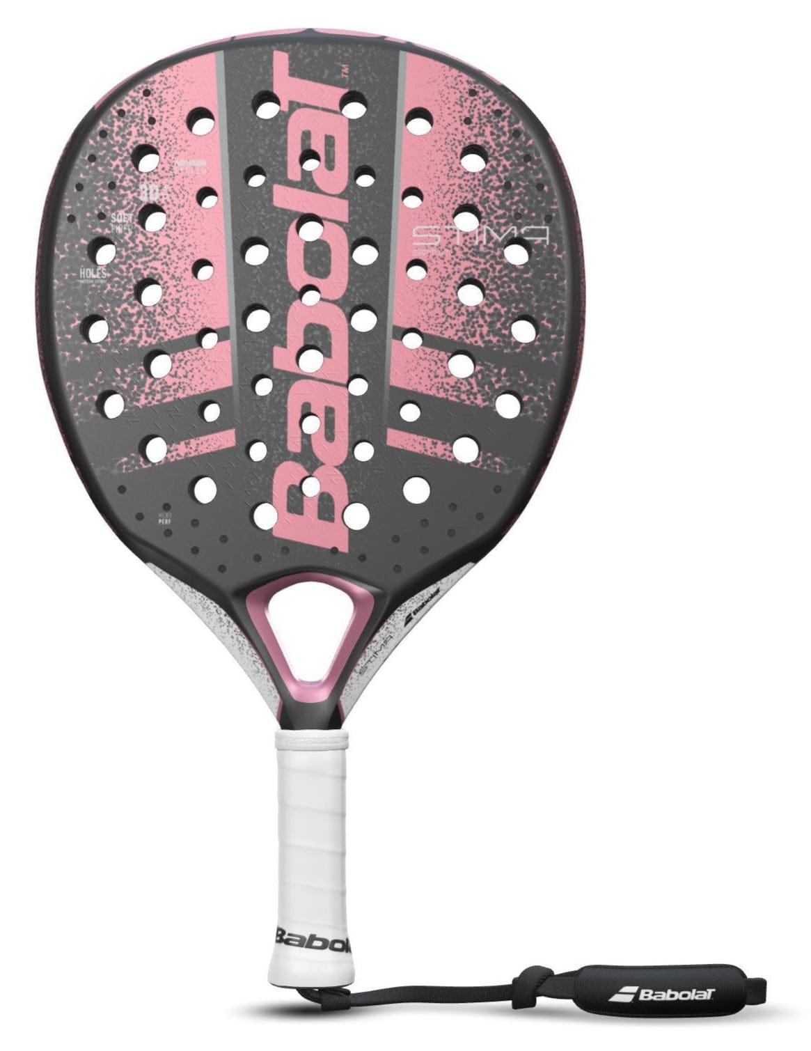 The Babolat Stima Spirit Padel Racket in Black and Coral is designed for maximum maneuverability, featuring a sleek appearance. The name "Babolat" is prominently displayed in white across the face of this lightweight racket, which includes a perforated design and a white handle equipped with a convenient wrist strap.