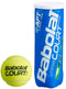 A yellow padel ball from the Babolat Court X3 collection lies next to a stylish, cylindrical blue tube marked with "Babolat Court" in white lettering. The container, featuring the "APT Padel Tour" logo, signifies its adherence to the prestigious standards of the International Padel Federation.
