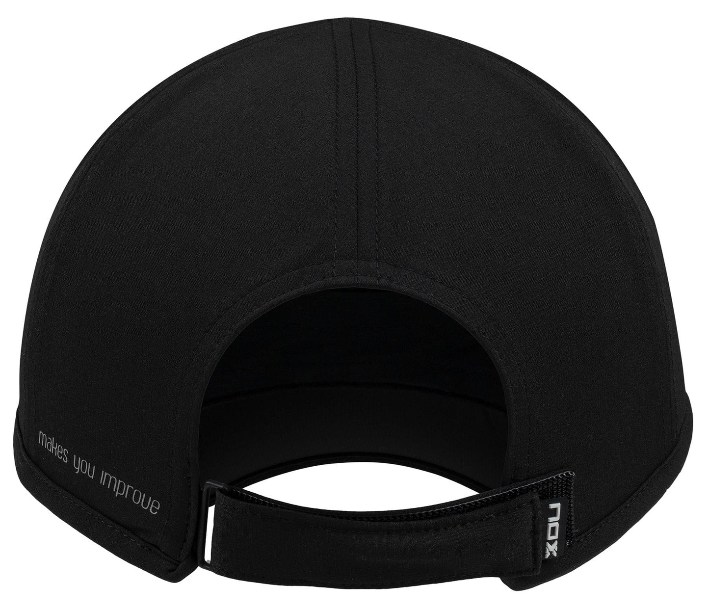 The NOX Padel Cap - Black / White by NOX features an adjustable fit with an open section above the strap, a small "NOX" tag, and "Makes you improve" printed on the left—combining style with sun protection.