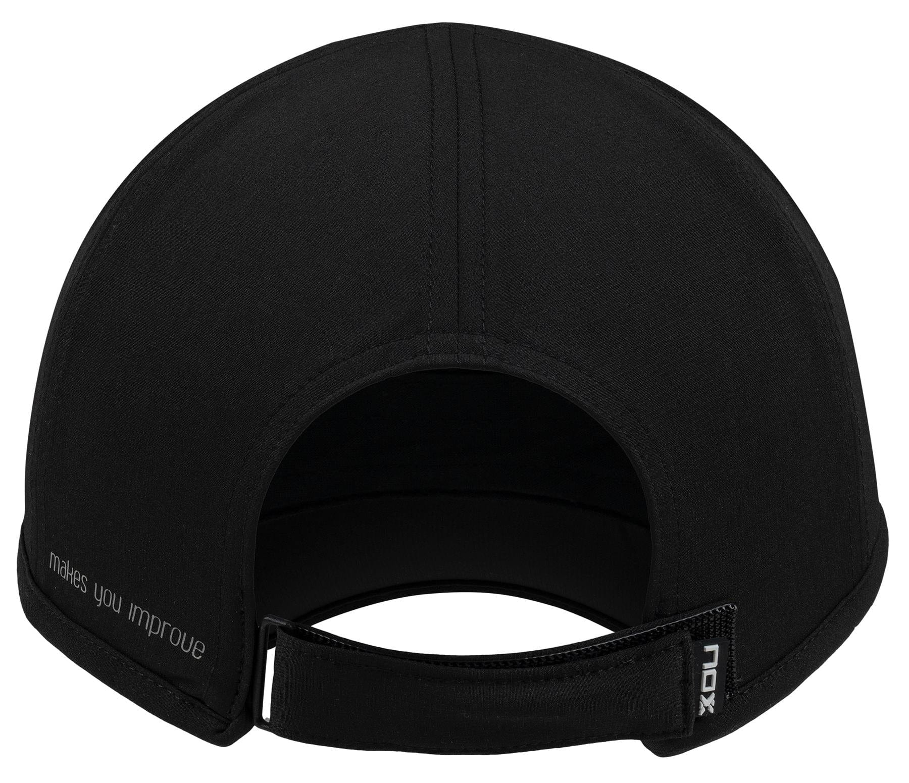 The NOX Padel Cap - Black / White by NOX features an adjustable fit with an open section above the strap, a small "NOX" tag, and "Makes you improve" printed on the left—combining style with sun protection.