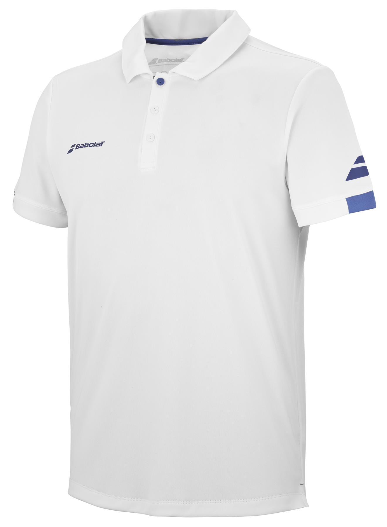 The Babolat Play Men's Padel Polo Shirt - White showcases a sporty white design with blue accents, including a collar, short sleeves, and a button placket. Made from Fiber Dry-polyester for enhanced comfort, it features subtle logos on the chest and sleeve, complemented by a stylish blue stripe detailing on one sleeve.