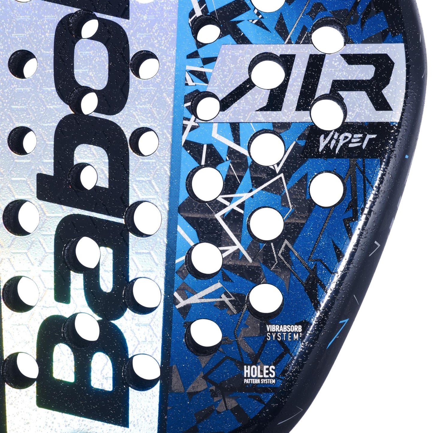 Close-up of the Babolat Air Viper 2.5 Padel Racket in blue, black, and white geometric design, featuring circular holes and "VR AIR" and "VIBRASORB SYSTEM" text. It's perfect for air strikers seeking precision, with the brand name on the left side.
