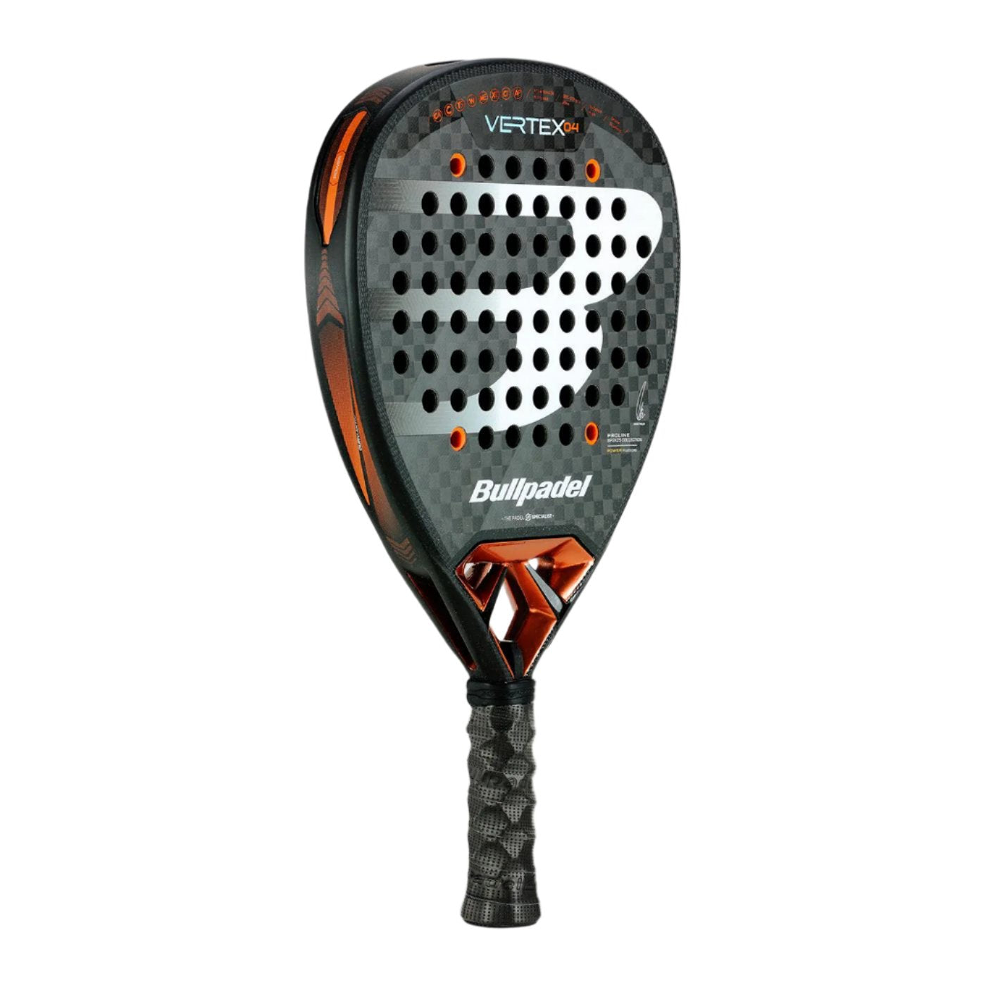 The Bullpadel Vertex 04 2025 Padel Racket in black and copper is designed with a perforated surface and a textured grip handle. The words "Bullpadel" and "Vertex" are prominently featured, highlighting its control on the court.