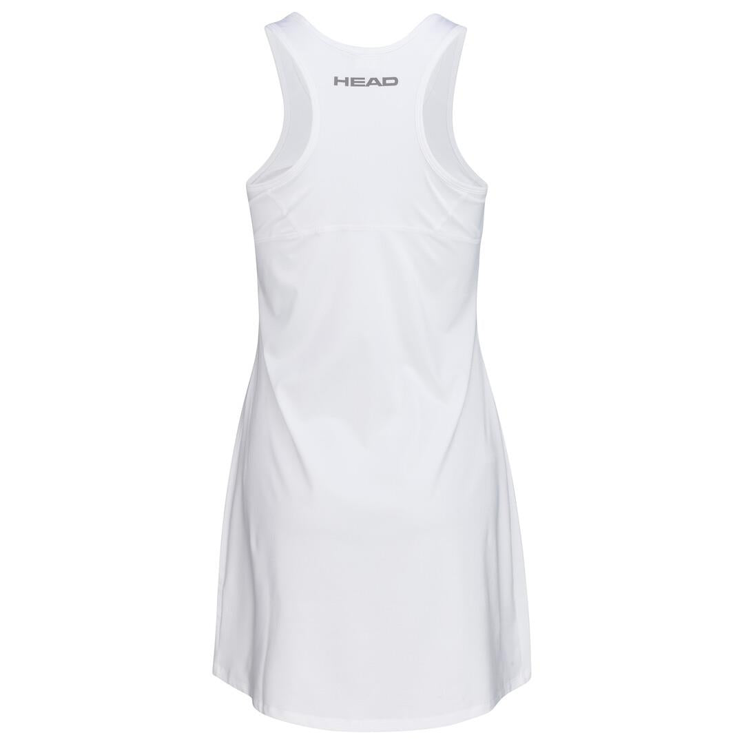 The HEAD Women's Club 22 Padel Dress is a sleeveless white athletic dress with a racerback design that prominently displays the word "HEAD" on the upper back. Made by HEAD Sportswear, this padel dress utilizes moisture transfer microfibre for enhanced comfort and performance, set against a plain white background.