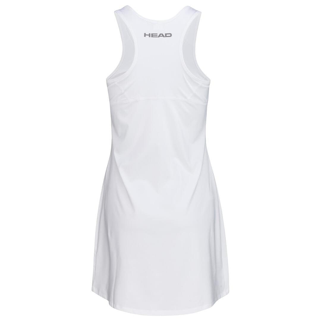 The HEAD Women's Club 22 Padel Dress is a sleeveless white athletic dress with a racerback design that prominently displays the word "HEAD" on the upper back. Made by HEAD Sportswear, this padel dress utilizes moisture transfer microfibre for enhanced comfort and performance, set against a plain white background.