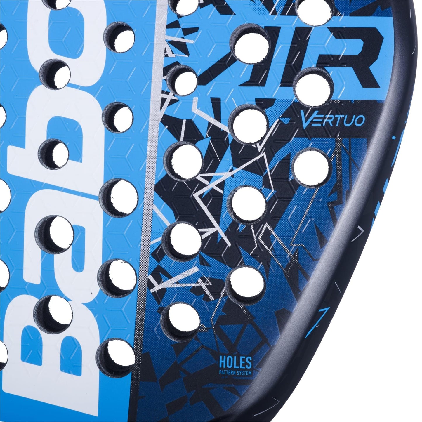 Close-up of the blue Babolat Air Vertuo 2.5 Padel Racket face, displaying round holes, geometric patterns, and the words "VERTUO" and "HOLES PATTERN SYSTEM" on this lightweight racket by Babolat.