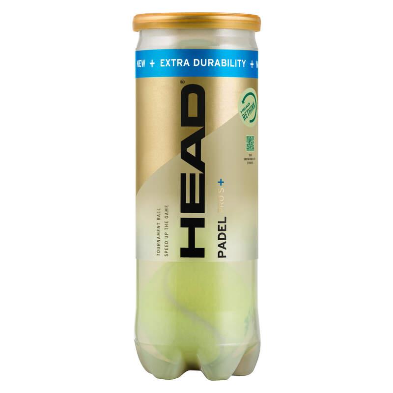 The HEAD Padel Pro S+ Tube contains green padel balls topped with a gold cap and features eco-friendly packaging with an "Extra Durability" label and a sustainability symbol, making them perfect for any tournament ball collection.